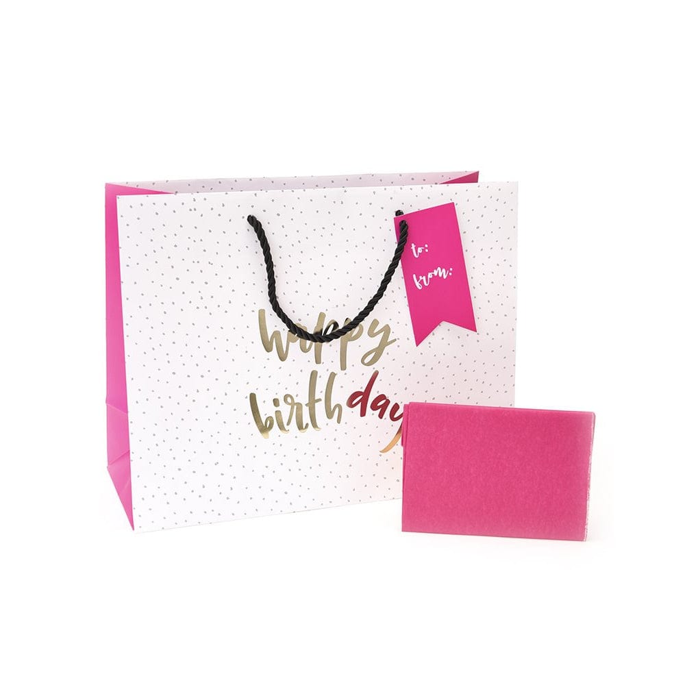 Gold Foil &#39;Happy Birthday&#39; Grey &amp; Pink Medium Gift Bag With Tag &amp; Tissue Paper Gartner Studios Gift Bags 29737