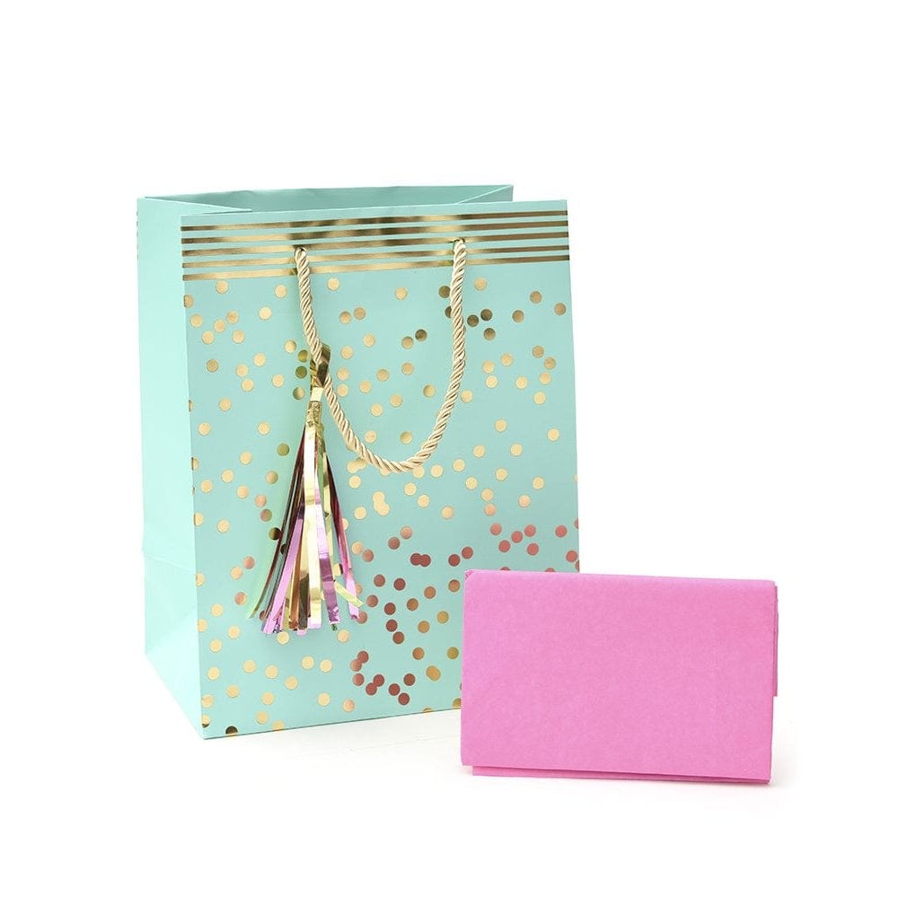 Teal And Gold Foil Dots Small Gift Bag With Tassel & Tissue Paper Gartner Studios Gift Bags 37847