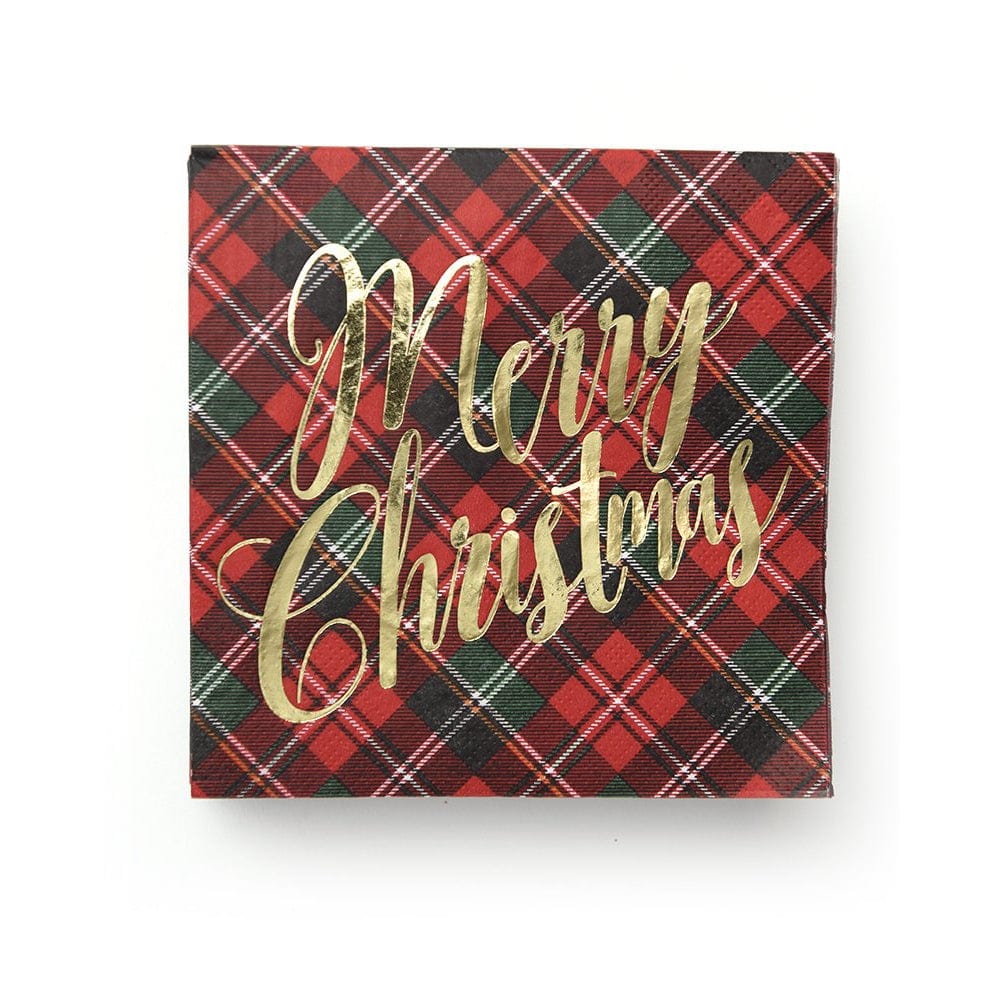 Gold Foil &#39;Merry Christmas&#39; &amp; Red Plaid Cocktail Napkins Gartner Studios Napkins 37199