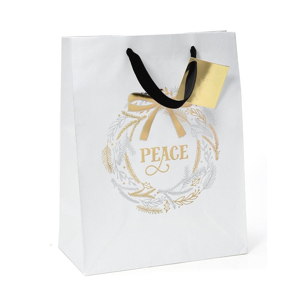 Gold Foil &#39;Peace&#39; Wreath Medium Gift Bag With Tag Gartner Studios Gift Bags 26438
