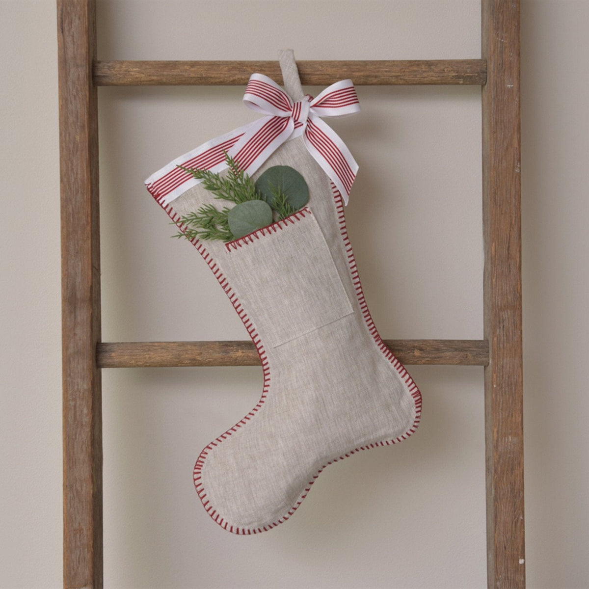 Linen and Red Bow Stocking Gartner Studios Holiday Stockings 45415