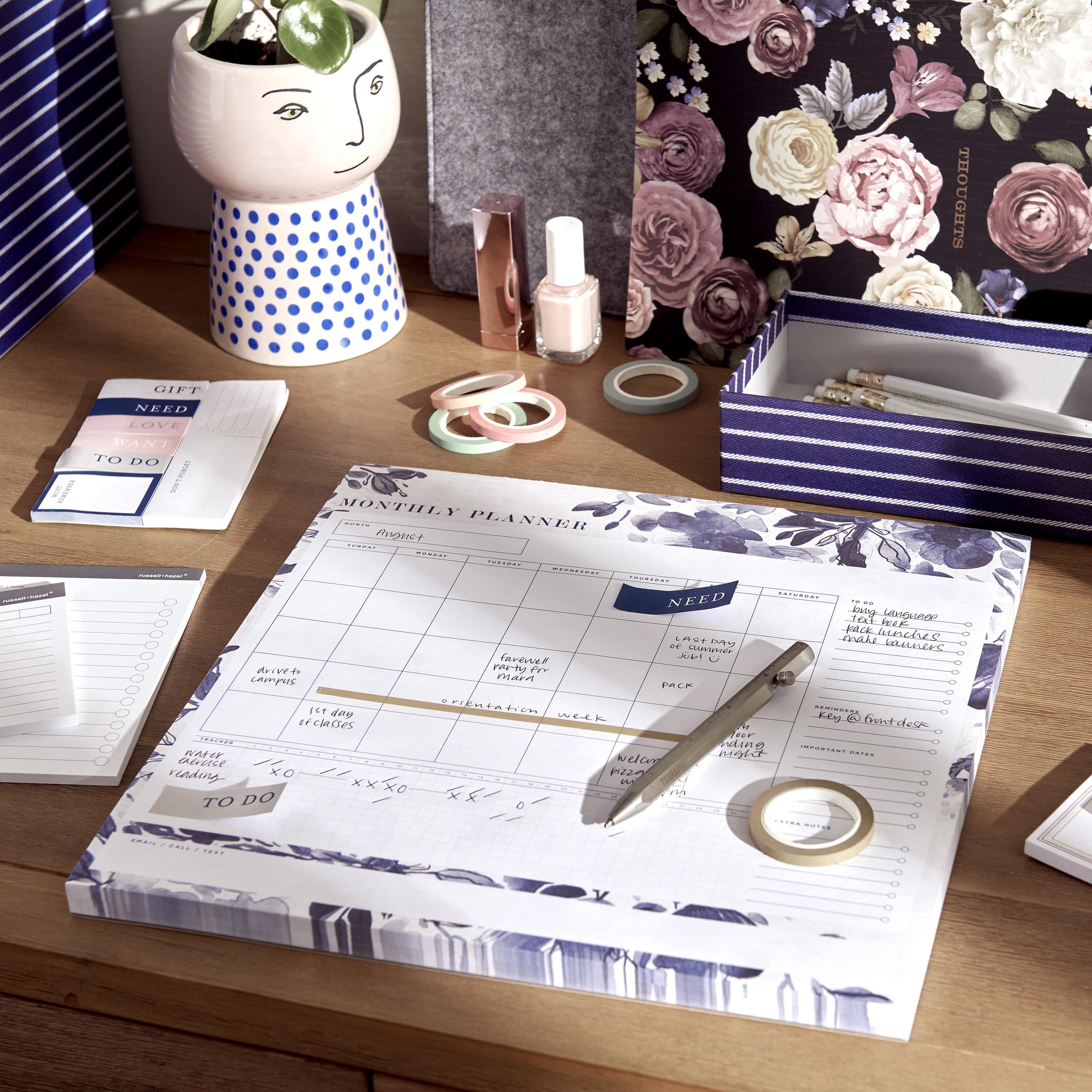 Large Deskpad Weekly Calendar - Navy Floral