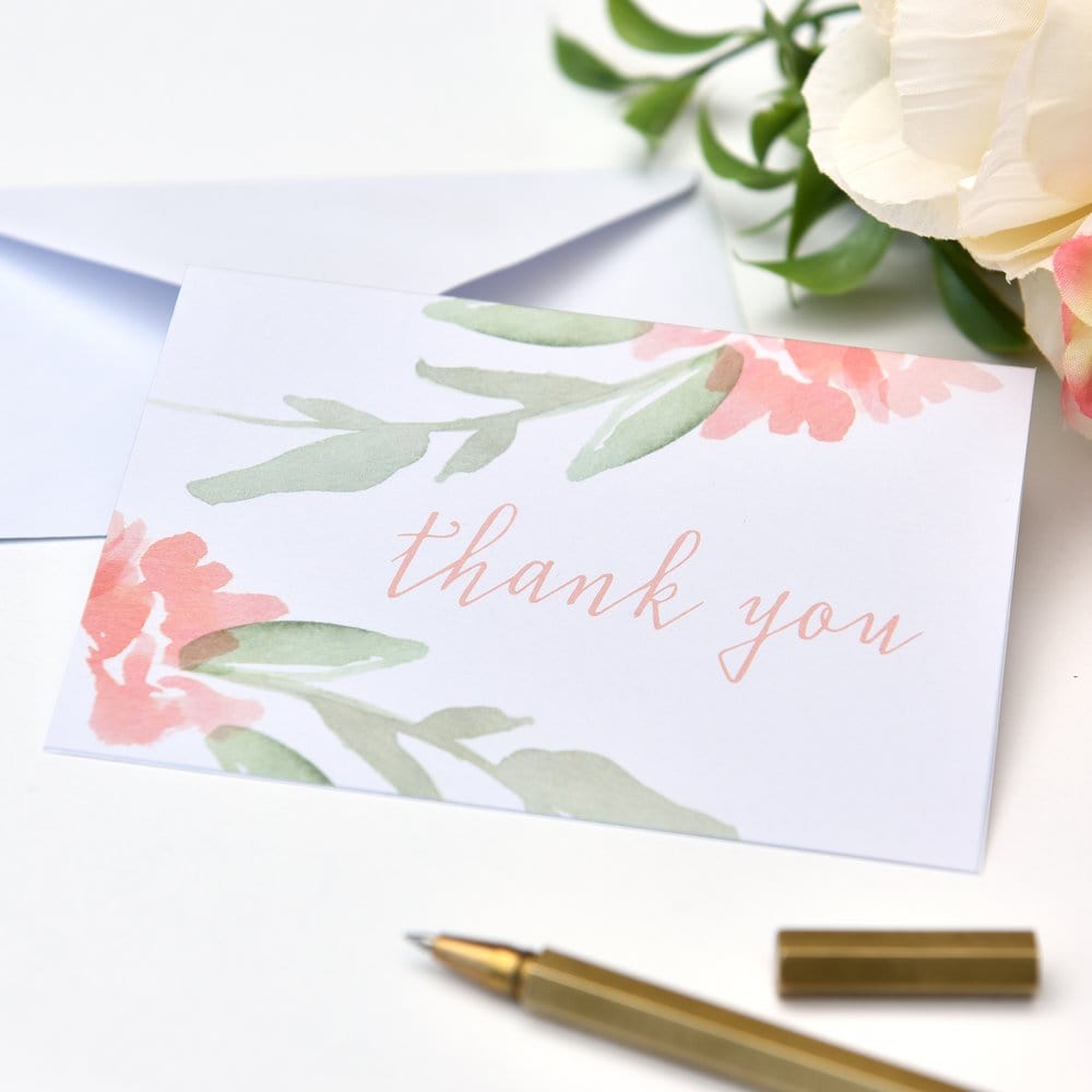 Thank You Cards, Floral Watercolor Bulk Set with Envelopes (5 x