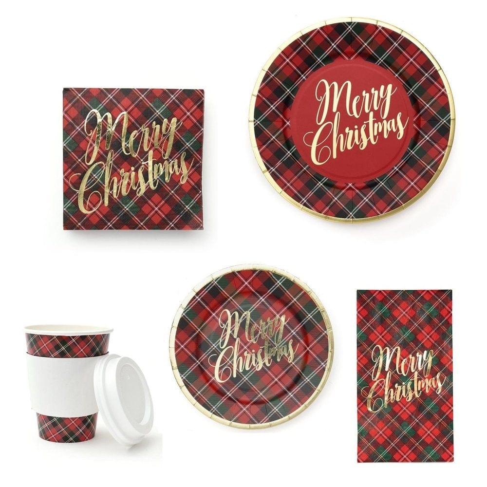 Red Plaid And Gold Foil &quot;Merry Christmas&quot; Plate And Napkin Set Gartner Studios Napkins 54522
