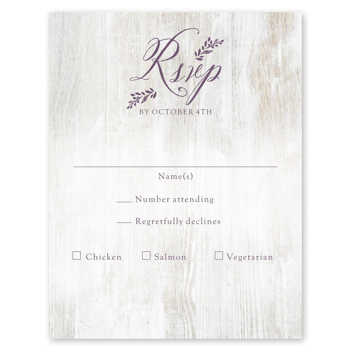 White Wood Wedding Response Card Purple Gartner Studios Response Cards 97208